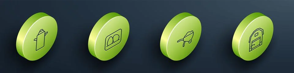 Set Isometric line Can container for milk, Chicken egg, Wheelbarrow with di.. Stock Illustration