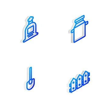 Set Isometric line Can container for milk, Full sack, Shovel and Garden fen.. Stock Illustration