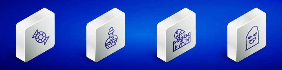 Set Isometric line Candy, Bottle with potion, Castle, fortress and Funny scary Illustrazione stock
