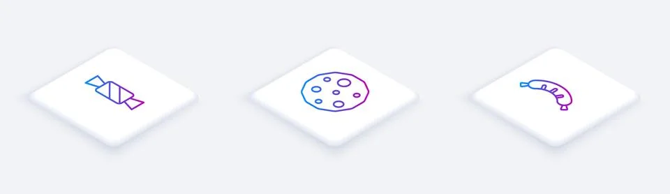 Set Isometric line Candy, Cookie or biscuit and Hotdog. White square button Illustrazione stock