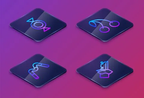 Set Isometric line Candy, Jelly worms candy, Cherry and Bitten chocolate bar Stock Illustration