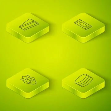 Set Isometric line Candy, Strawberry in chocolate, Brownie cake and Piece of Stock Illustration