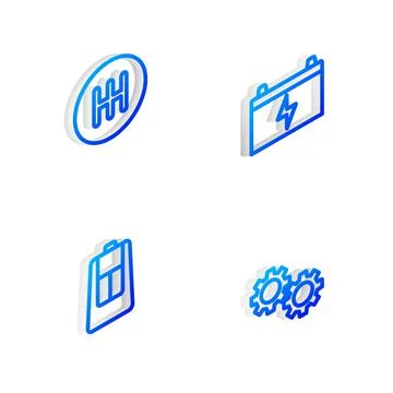 Set Isometric line Car battery, Gear shifter, key with remote and icon. Vector Stock Illustration