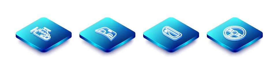 Set Isometric line Car engine, windscreen, door handle and Steering wheel ico Illustration