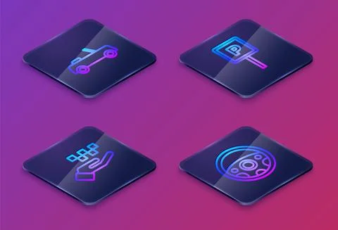 Set Isometric line Car, Hand with taxi, Parking and Steering wheel. Blue square Stock Illustration