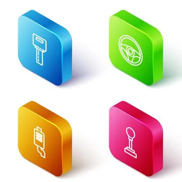 Set Isometric line Car key with remote, Steering wheel, muffler and Gear shifter Stock Illustration