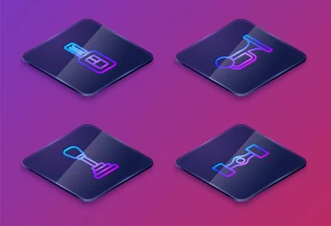 Set Isometric line Car key with remote, Gear shifter, Signal horn on vehicle and Stock Illustration