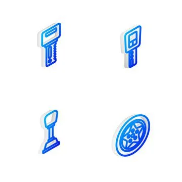 Set Isometric line Car key with remote, , Gear shifter and wheel icon. Vector Stock Illustration