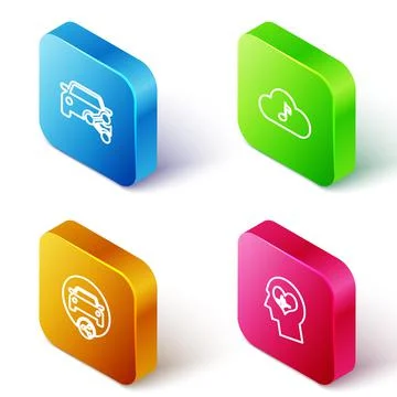 Set Isometric line Car sharing, Music streaming service, and Head with heartbeat Stock Illustration