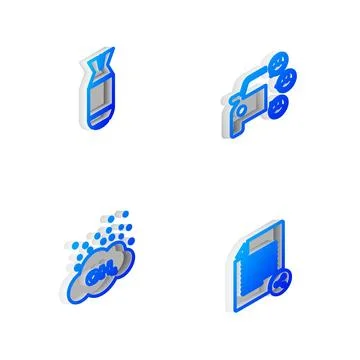 Set Isometric line Car sharing, Aviation bomb, Methane emissions reduction an Illustrazione stock