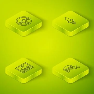 Set Isometric line Car spark plug, wash, Online car sharing and Steering wheel Stock Illustration