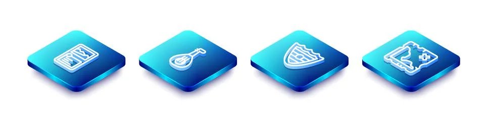 Set Isometric line Card game collection, Lute, Shield and Pirate treasure map 스톡 일러스트