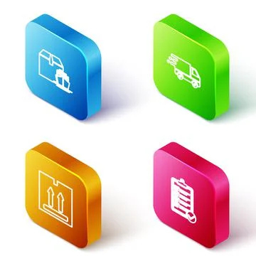 Set Isometric line Cargo ship with boxes, Delivery truck in movement, Cardboard 库存插图