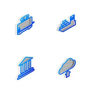 Set Isometric line Cargo ship, Toaster with toasts, Bank building and Cloud Stock Illustration