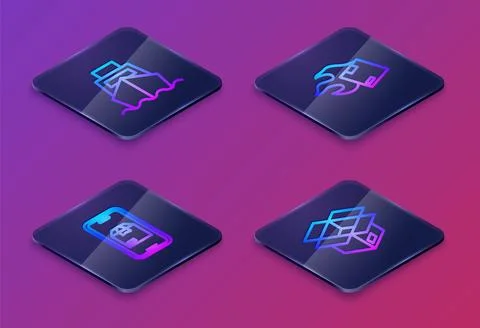 Set Isometric line Cargo ship with boxes delivery, Mobile app tracking, Car.. Stock Illustration
