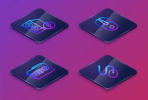 Set Isometric line Case of computer, Hard disk drive HDD, Computer mouse and Illustrazione stock