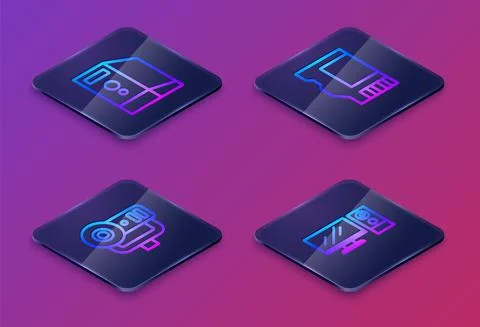 Set Isometric line Case of computer, Web camera, SD card and Computer monitor 스톡 일러스트