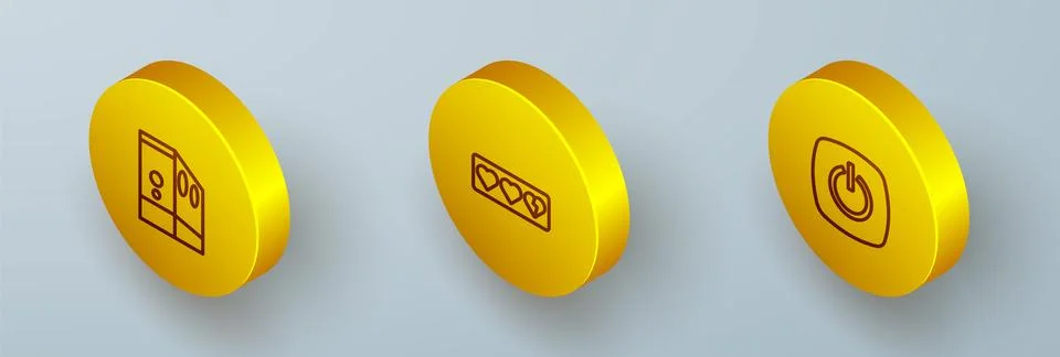 Set Isometric line Case of computer, Game life bar and Power button icon. Vector Ilustração Stock