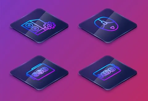 Set Isometric line Case of computer, SSD card, Computer mouse and Hard disk.. Stock Illustration