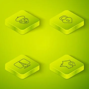 Set Isometric line Castle in the shape of heart, Eiffel tower, Map France and Stockillustratie