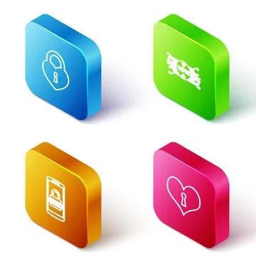 Set Isometric line Castle in the shape of heart, VPN with microchip circuit,  Stock Illustration
