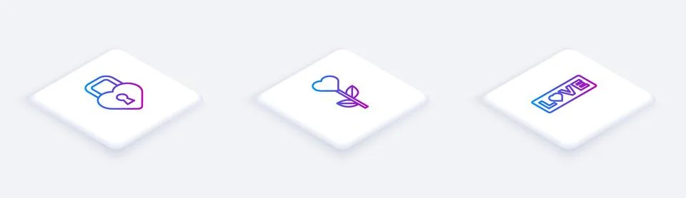 Set Isometric line Castle in the shape of heart, Heart flower and Love text.. イラスト素材