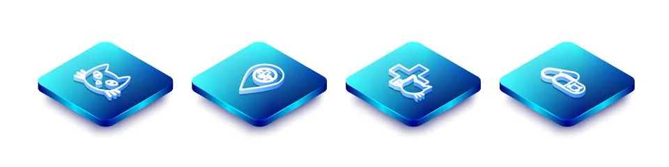 Set Isometric line Cat, Location veterinary, Veterinary clinic and and pills Ilustración de archivo