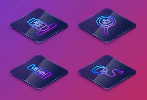 Set Isometric line Cat scratching post, Pet shampoo, Flea search and Retractable Stock Illustration