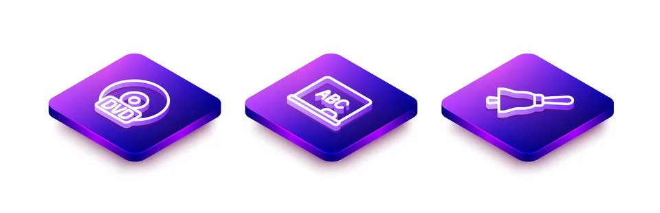 Set Isometric line CD or DVD disk, Chalkboard and Ringing bell icon. Vector Stock Illustration