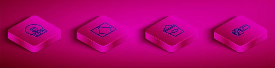 Set Isometric line CD or DVD disk, Curtain, Popcorn box and Cinema camera icon Stock Illustration