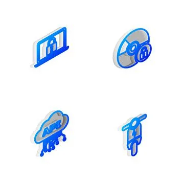 Set Isometric line CD or DVD disk with lock, Laptop and, Cloud api interface and Stock Illustration