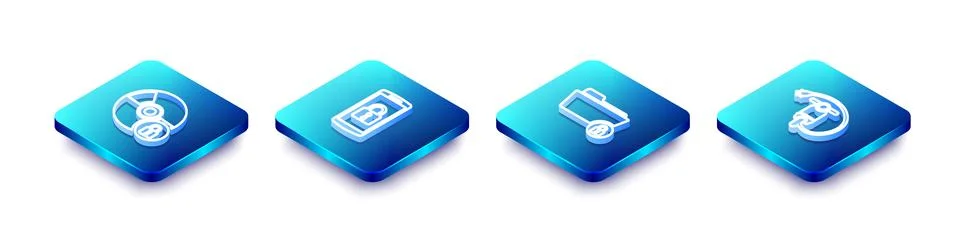 Set Isometric line CD or DVD disk with lock, Smartphone, Folder and and Elect Stock Illustration