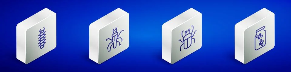 Set Isometric line Centipede, Termite, Stink bug and Fireflies bugs a jar icon Stock Illustration
