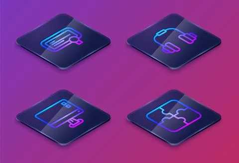 Set Isometric line Certificate template, Computer monitor screen, Headphones and Illustrazione stock