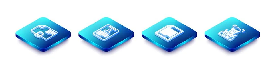 Set Isometric line Certificate template, Identification badge, Document and Face Stock Illustration