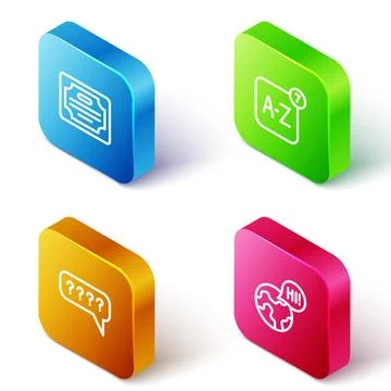 Set Isometric line Certificate template, Online translator, Speech bubbles with Illustrazione stock