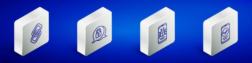 Set Isometric line Chain link, Cyber security, System bug on mobile and Stock Illustration
