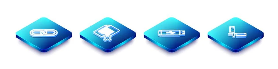 Set Isometric line Chain link, Add new file, USB flash drive and Crossed meat Stock Illustration