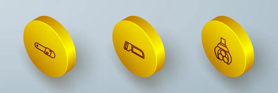 Set Isometric line Chainsaw, Hacksaw and Grapple crane grabbed log icon. Vect Illustrazione stock
