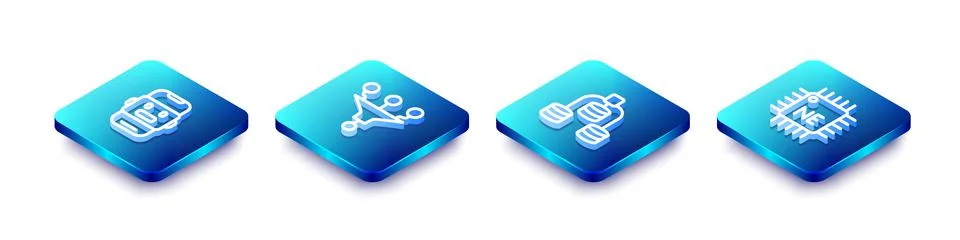 Set Isometric line Chat bot, Funnel or filter, Server, Data and Processor CPU Stock Illustration