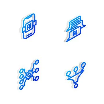 Set Isometric line Chat bot, Artificial intelligence AI, Neural network and Stock Illustration