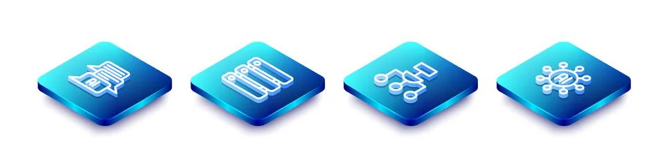 Set Isometric line Chat bot, Server, Data, Algorithm and Neural network icon 库存插图