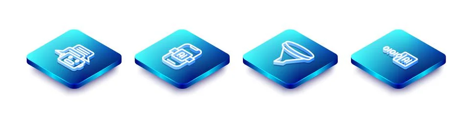 Set Isometric line Chat bot, Artificial intelligence AI, Funnel or filter and Stock Illustration