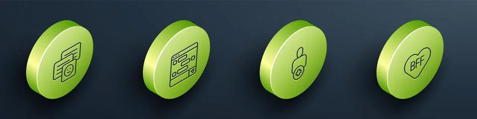 Set Isometric line Chat messages on laptop, , Add friend and BFF or best fr.. Stock Illustration