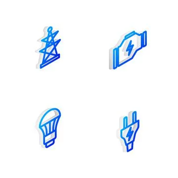 Set Isometric line Check engine, Electric tower, LED light bulb and plug icon Stock Illustration