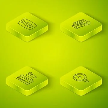 Set Isometric line Check engine, Tire pressure gauge, and Car key with remote Stock Illustration