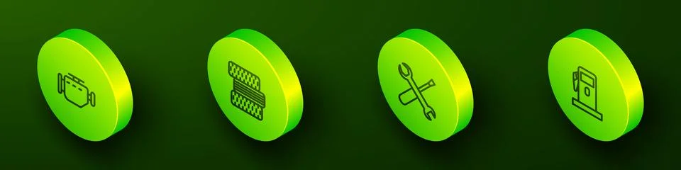 Set Isometric line Check engine, Car tire wheel, Screwdriver and wrench spa.. Stock Illustration