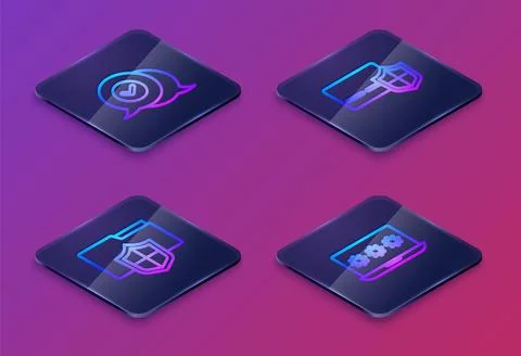 Set Isometric line Check mark in speech bubble, Document folder protection Stock Illustration