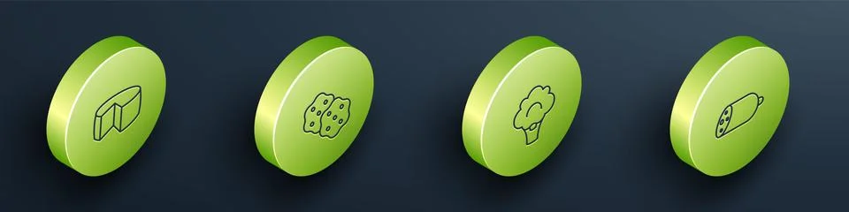 Set Isometric line Cheese, Cracker biscuit, Broccoli and Salami sausage icon Stock-Illustration