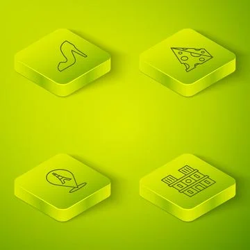 Set Isometric line Cheese, Eiffel tower, Notre Dame de Paris and Woman shoe.. Illustrazione stock